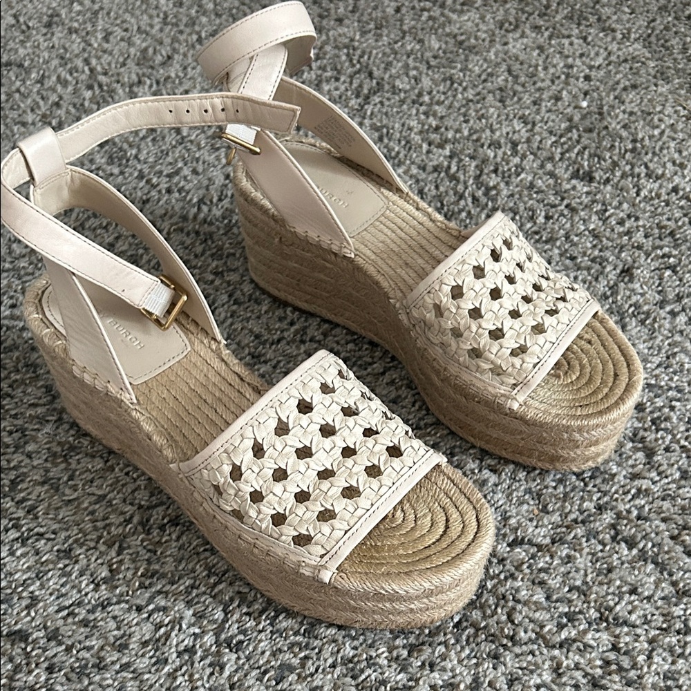 Tory Burch, Elegant Cream Woven Platform Sandals